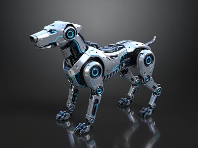 Futuristic Robotic Dog With Metallic Structure And Blue Light Rings In Standing Pose 3d model