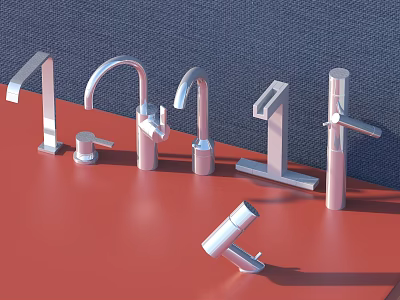 Various Modern Stainless Steel Faucets Displayed on Red Countertop with Dark Blue Wall 3d model