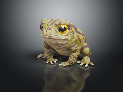 Green and Brown Spotted Frog with Yellow Eyes Sitting on Dark Surface with Reflection 3d model