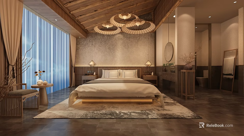 Modern Hotel Room Interior Design With Wooden Ceiling Pendant Lights And King Size Bed 3d model 