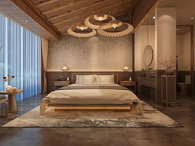 Modern Hotel Room Interior Design With Wooden Ceiling Pendant Lights And King Size Bed 3d model
