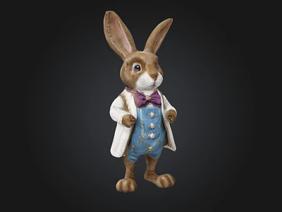 Anthropomorphic Rabbit Decorative Figure Wearing White Coat Blue Overalls And Purple Bow Tie 3d model