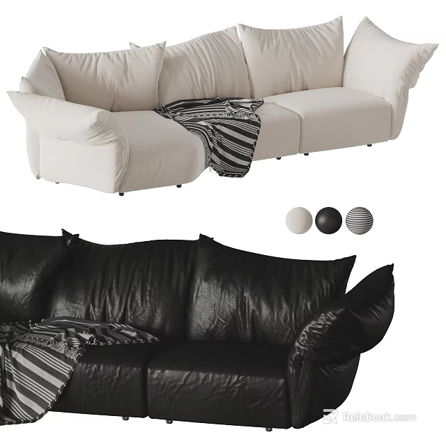 Modern White And Black Fabric Leather Sectional Sofa With Striped Blanket And Round Decorative Balls 3d model 
