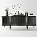 Modern Black TV Stand With Textured Design And Decorative Vases Frames 3d model