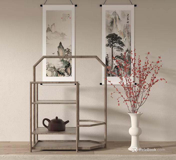 Wooden Multi tier Storage Shelf with Teapot White Vase Red Blossoms and Landscape Paintings 3d model 