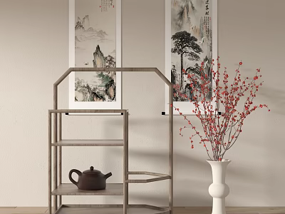 Wooden Multi tier Storage Shelf with Teapot White Vase Red Blossoms and Landscape Paintings 3d model