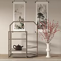 Wooden Multi tier Storage Shelf with Teapot White Vase Red Blossoms and Landscape Paintings