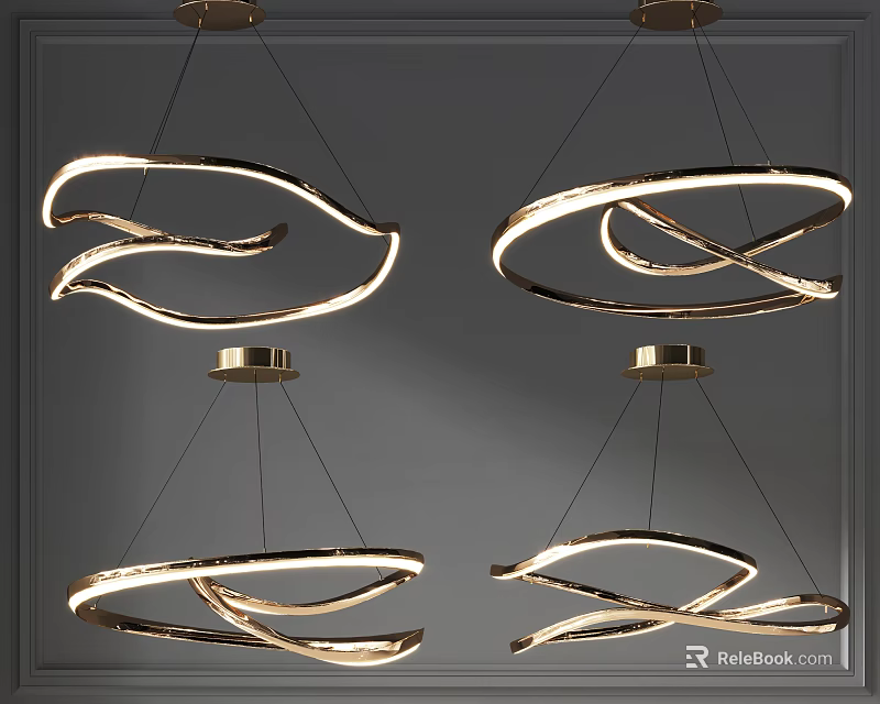 Elegant Modern Curved Golden Chandeliers Hanging On Dark Background Four Piece Design 3d model 