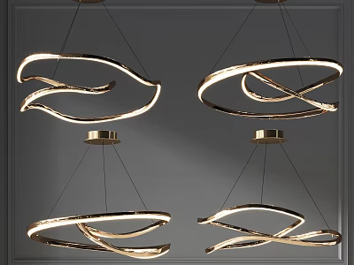Elegant Modern Curved Golden Chandeliers Hanging On Dark Background Four Piece Design 3d model