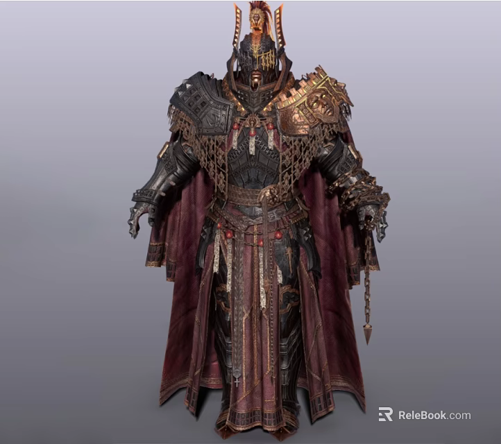 Ornate Medieval Armor With Golden Decorations Dark Red Robe And Intricate Helmet 3d model 