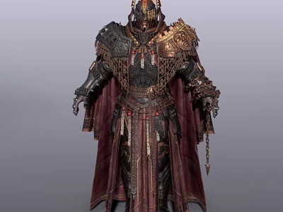 Ornate Medieval Armor With Golden Decorations Dark Red Robe And Intricate Helmet 3d model