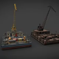 Two Industrial Ships With Yellow And Rustic Cranes On Deck And Machinery