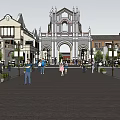 Traditional Commercial Street with Classic Architecture Plaza Pedestrian Walkways and Retail Shops