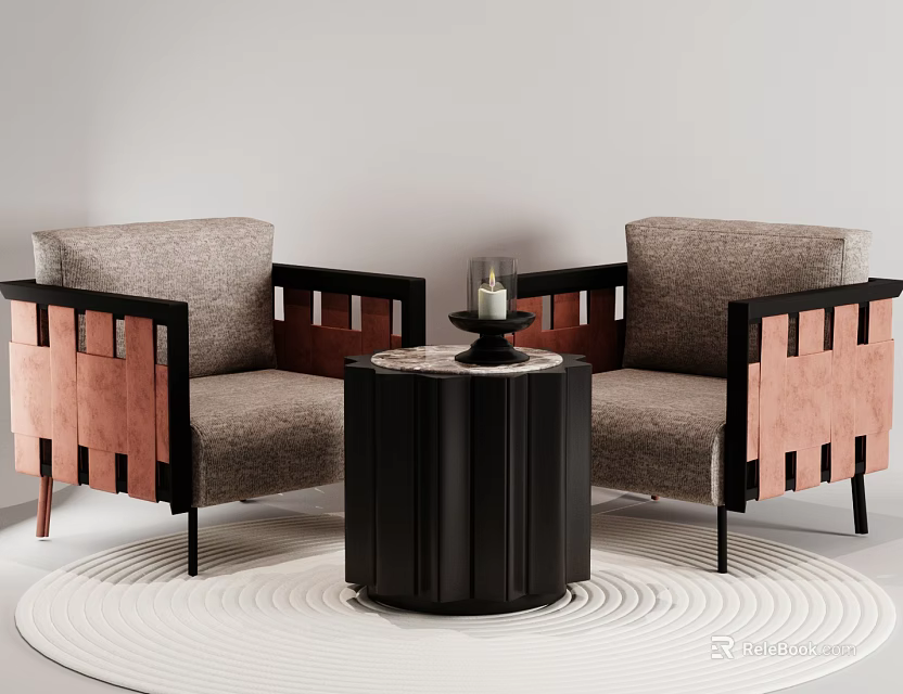 Gray Chair and Table Set with Black Pink Frames Round Table Candle on White Round Rug 3d model 