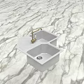 Double Bowl Kitchen Sink With Brass Faucet On Marble Countertop