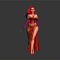 Game Movie Character In Red Sequined Dress High Slit Red Hair Pink Gloves Holding Wand
