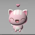 Cute Pink Cartoon Cat With White Stripes Smiling Face And Heart On Head