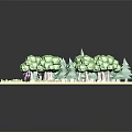 Cartoon Outdoor Scene With Green Polygonal Trees People Running Trail Sign Wooden Fence And Water