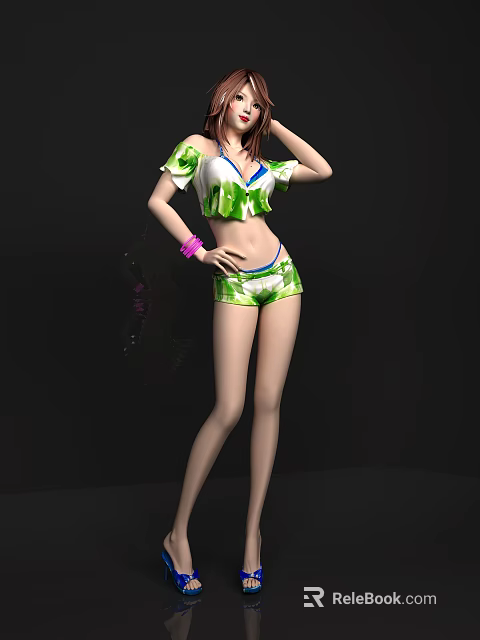 Woman In Green And White Patterned Outfit With Pink Bracelet Posing Against Black Background 3d model 