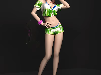 Woman In Green And White Patterned Outfit With Pink Bracelet Posing Against Black Background 3d model