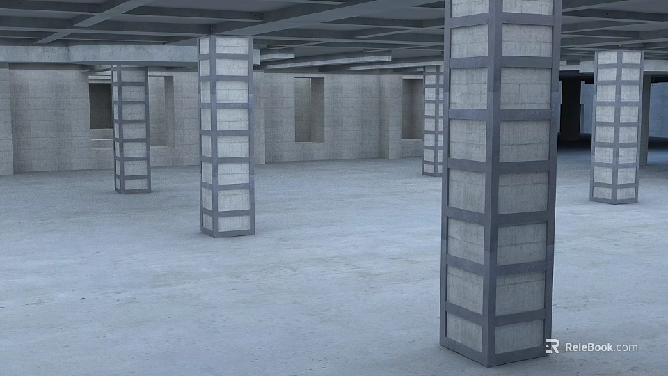 Empty Indoor Space With Concrete Pillars Gray Walls And Ceiling Beams 3d model 