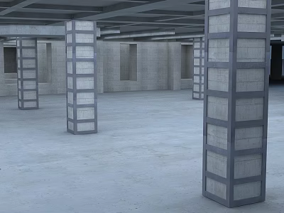 Empty Indoor Space With Concrete Pillars Gray Walls And Ceiling Beams 3d model