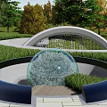 Modern Circular Fountain With Flowing Water Grass Roof Glass Walls Small Fountains And Plant Pots