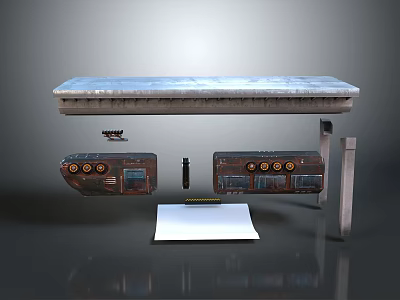 Floating Industrial Equipment Setup With Gray Table Top Control Panels Round Buttons And Black Column 3d model
