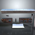 Floating Industrial Equipment Setup With Gray Table Top Control Panels Round Buttons And Black Column