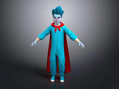 Game Movie Character With Blue Hair Blue Jumpsuit Red Cape And White Shoes 3d model