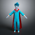 Game Movie Character With Blue Hair Blue Jumpsuit Red Cape And White Shoes