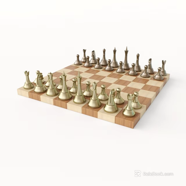 Classic Chess Set with Wooden Board and Golden Pieces for Board Game Entertainment 3d model 
