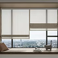 Off White Bay Window Curtains With City View And Decorative Pillow