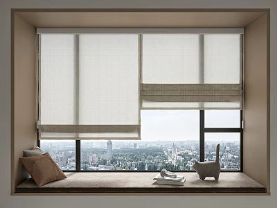 Off White Bay Window Curtains With City View And Decorative Pillow 3d model