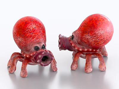 Two Red Aquatic Animal Models With Spherical Heads And Multiple Legs 3d model