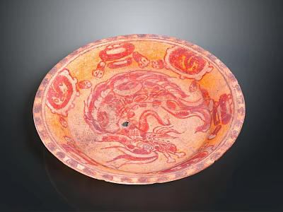 Traditional Carved Circular Plate with Red Dragon Pattern and Decorative Border 3d model