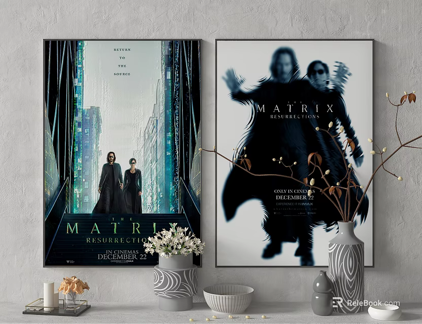 Matrix Posters As Wall Decor With Decorative Vases And Bowls In Interior 3d model 