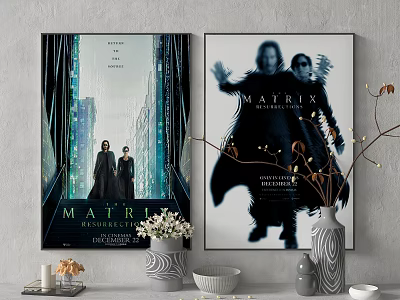 Matrix Posters As Wall Decor With Decorative Vases And Bowls In Interior 3d model