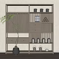 Wooden Display Shelf With Drawers Jars Books Decorative Items And Green Plant
