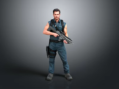 Male Character In Blue Sleeveless Outfit Holding Large Gun With Gray Background 3d model