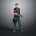 Male Character In Blue Sleeveless Outfit Holding Large Gun With Gray Background