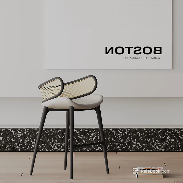 Modern Bar Stool With Woven Backrest White Seat And Black Metal Legs Against White Wall 3d model 