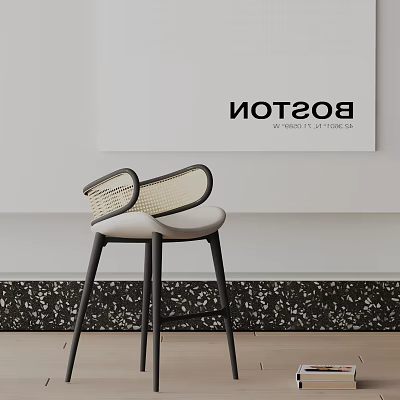 Modern Bar Stool With Woven Backrest White Seat And Black Metal Legs Against White Wall 3d model