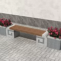 Public Bench With Wooden Seat And Concrete Base Near Colorful Flower Pots On Paved Ground