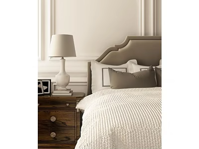 Double Bed with Gray Headboard Striped Quilt Pillows and Wooden Nightstand Table Lamp 3d model