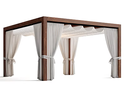 Elegant Wooden Landscape Pavilion with White Curtains and Decorative Roof Pillars 3d model