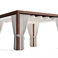 Elegant Wooden Landscape Pavilion with White Curtains and Decorative Roof Pillars