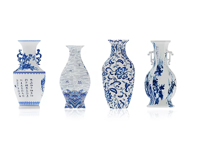 Traditional Blue and White Ceramic Vases With Various Shapes and Intricate Patterns 3d model