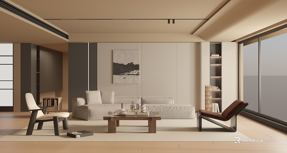 Modern Living Room Interior Design With Beige Sofa Wooden Coffee Table And Decorative Painting 3d model 