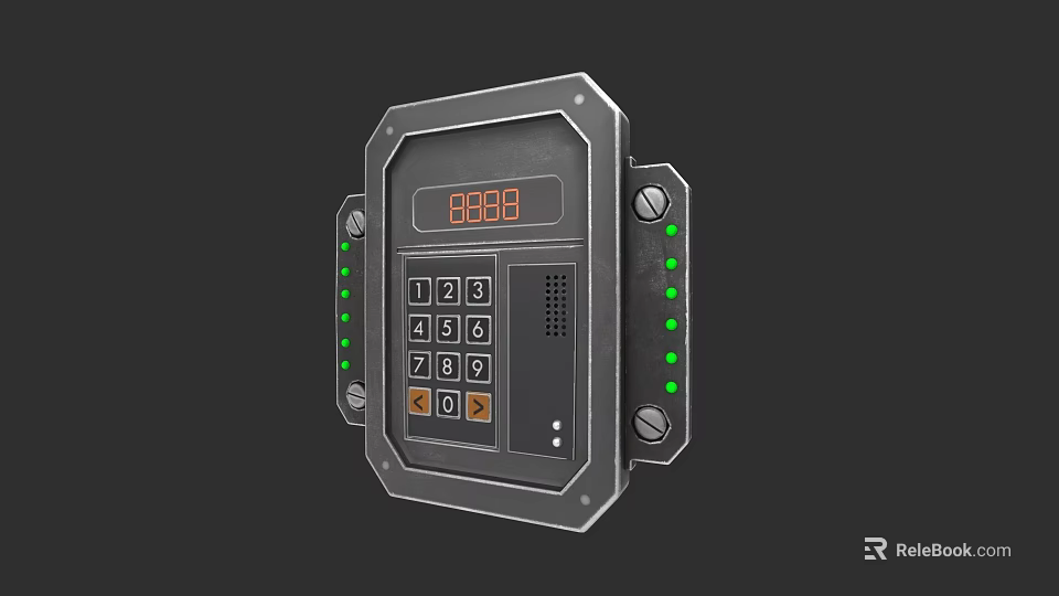 Electronic Control Panel with Metal Casing Numeric Keypad Display Screen and Green Indicator Lights 3d model 